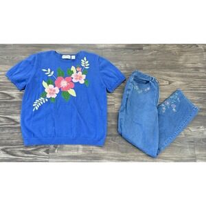 Coastal Grandma core teacher core floral Top Jeans Sz 10 Boho Vintage Y2K indie